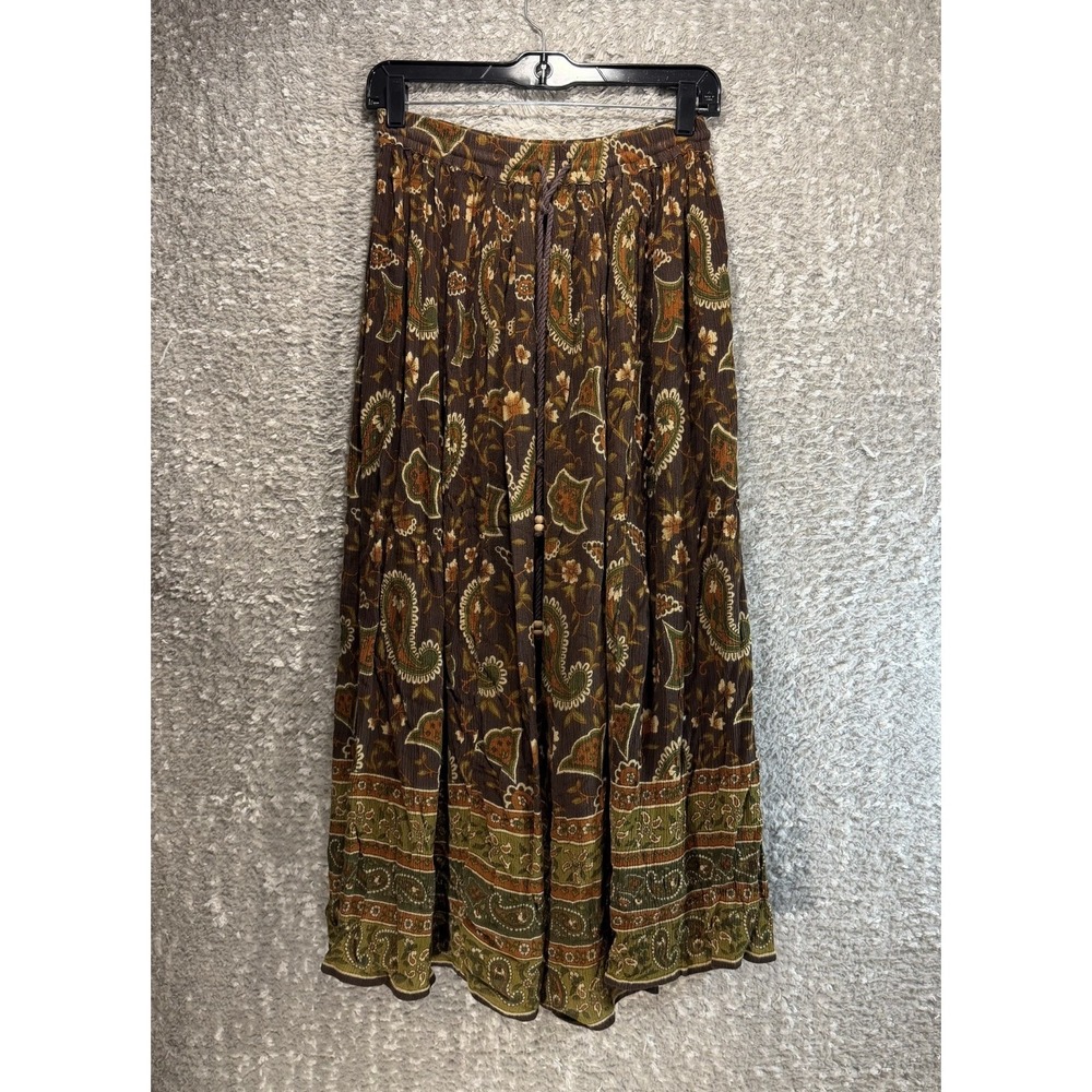 Vintage Maxi Crinkle Skirt Brown Paisley 90s Academia Career Modest S Liz Baker